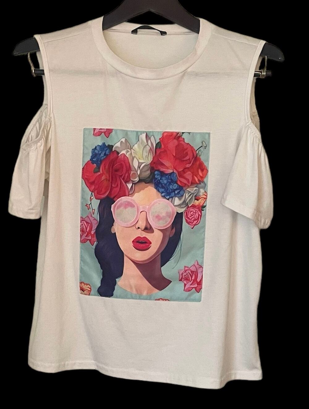 Shein Cold Shoulder Satin Graphic Print Top Sz L